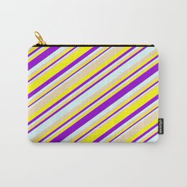 [ Thumbnail: Tan, Yellow, Dark Violet & Light Cyan Colored Striped Pattern Carry-All Pouch ]