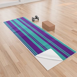 [ Thumbnail: Light Sea Green & Indigo Colored Stripes Pattern Yoga Towel ]
