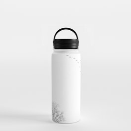 Black and White Landscape With Tree and Birds Water Bottle