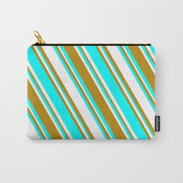[ Thumbnail: White, Dark Goldenrod, and Aqua Colored Striped Pattern Carry-All Pouch ]