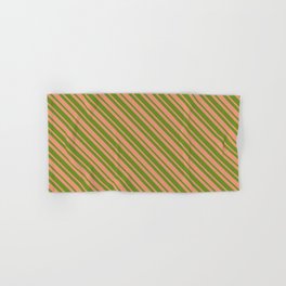 [ Thumbnail: Dark Salmon and Green Colored Lined Pattern Hand & Bath Towel ]
