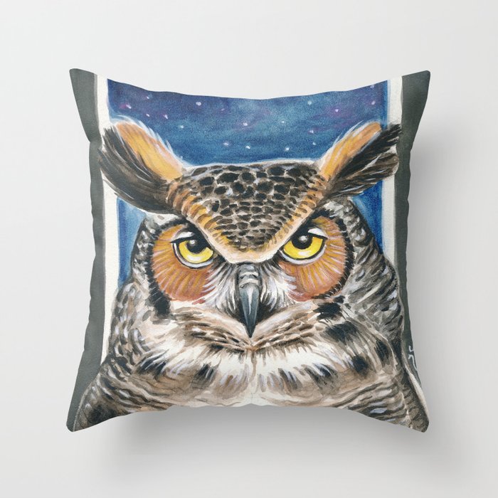 Great Horned Owl Watercolor Human made  Art Painting Throw Pillow