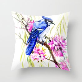 Blue Jay and Cherry Blossom, Blue Pink Birds and Flowers Throw Pillow