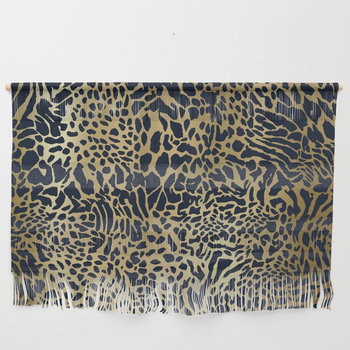 Leopard Print Pattern, Navy Blue and Gold Wall Hanging