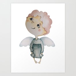 Christmas character hand drawn by watercolor. Christmas angel in a dress. Art Print