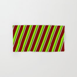 [ Thumbnail: Maroon, Chartreuse, Green & Powder Blue Colored Striped/Lined Pattern Hand & Bath Towel ]