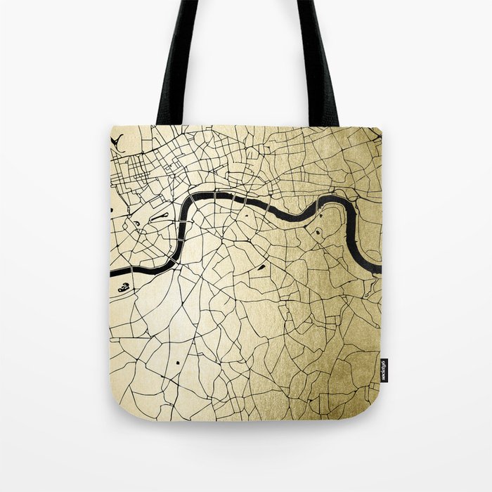 London Gold on Black Street Map Tote Bag