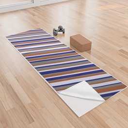 [ Thumbnail: Lavender, Midnight Blue, Gray, and Sienna Colored Lined/Striped Pattern Yoga Towel ]