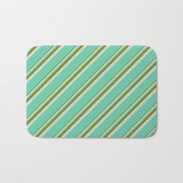 [ Thumbnail: Green, Light Grey & Aquamarine Colored Lined Pattern Bath Mat ]