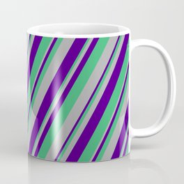 [ Thumbnail: Indigo, Sea Green & Dark Gray Colored Lined/Striped Pattern Coffee Mug ]