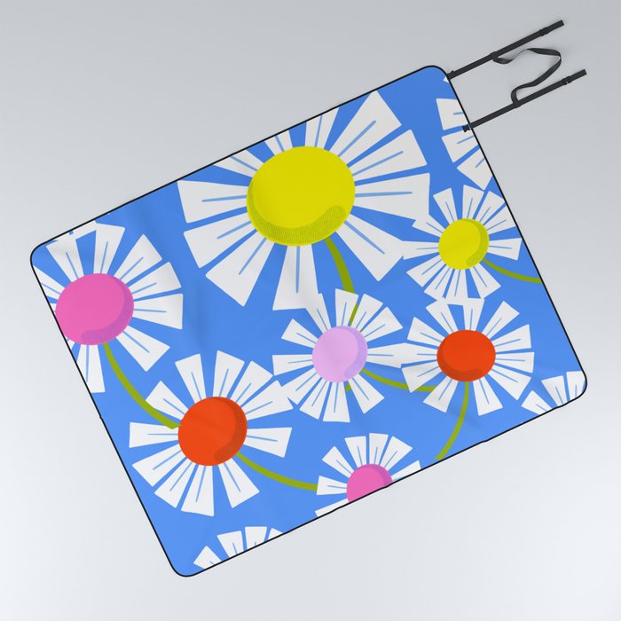Modern Retro Daisy Flowers On Blue Picnic Blanket