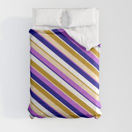 [ Thumbnail: Eye-catching Dark Goldenrod, Tan, Orchid, Blue & White Colored Striped Pattern Comforter ]