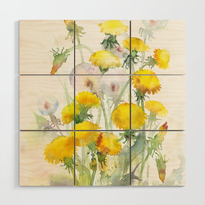 Watercolor Yellow Flowers Dandelions Wood Wall Art By Maryami