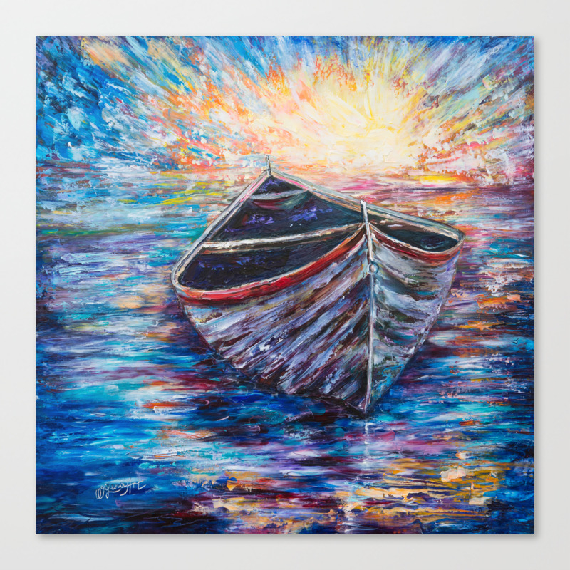 Wooden Boat At Sunrise Original Oil Painting With Palette Knife
