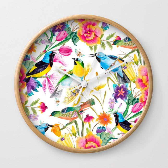 Birds Colourful Floral Motif Pattern Tropical decor Spring Flowers Wall Clock