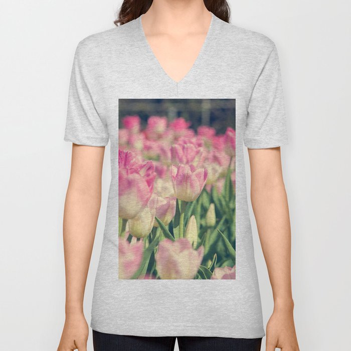 Blooming pink and yellow tulips.  V Neck T Shirt