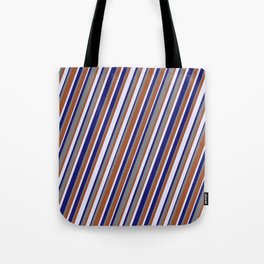 [ Thumbnail: Lavender, Midnight Blue, Gray, and Sienna Colored Lined/Striped Pattern Tote Bag ]