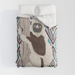 Sifaka lemur on blue pattern background Comforter