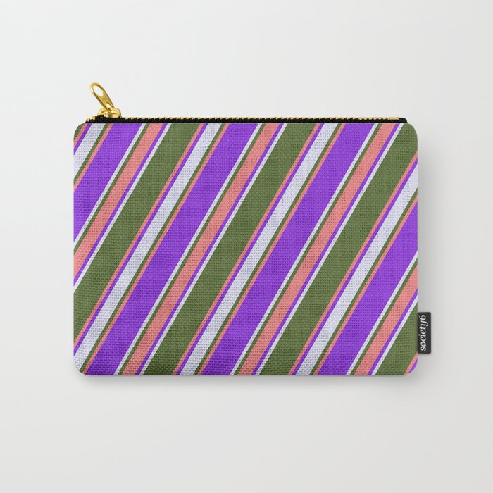 Dark Olive Green, Light Coral, Purple & Lavender Colored Stripes/Lines Pattern Carry-All Pouch