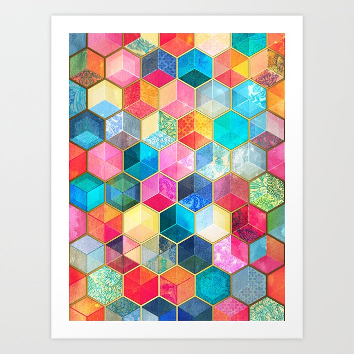 Crystal Bohemian Honeycomb Cubes - colorful hexagon pattern Art Print