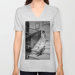Little Girl with Pet Alligator on a leash black and white photograph / black and white photography V Neck T Shirt