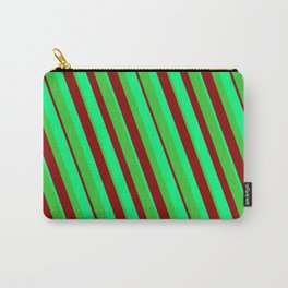 [ Thumbnail: Green, Lime Green & Dark Red Colored Stripes/Lines Pattern Carry-All Pouch ]