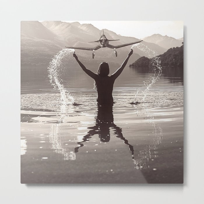 Water wings plane landing on mountain lake female portrait black and white photograph - photography - photographs Metal Print