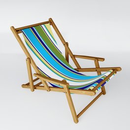 [ Thumbnail: Eyecatching Green, Deep Sky Blue, White, Blue, and Tan Colored Stripes/Lines Pattern Sling Chair ]