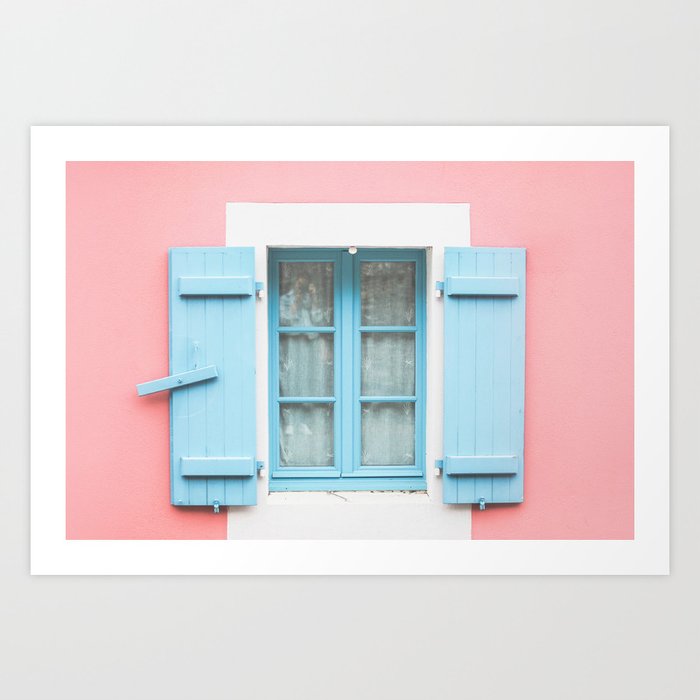 Brittany, France⎪Minimalist geometric architecture blue shutters summer pastel pink wall color block Art Print