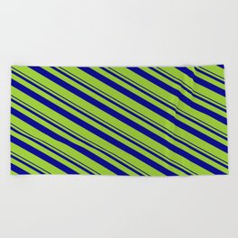 [ Thumbnail: Dark Blue & Green Colored Stripes Pattern Beach Towel ]