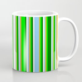 [ Thumbnail: Eyecatching Lime, Goldenrod, Light Sky Blue, White, and Dark Green Colored Pattern of Stripes Coffee Mug ]