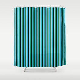 [ Thumbnail: Forest Green, Deep Sky Blue, Light Sky Blue, and Black Colored Lines Pattern Shower Curtain ]
