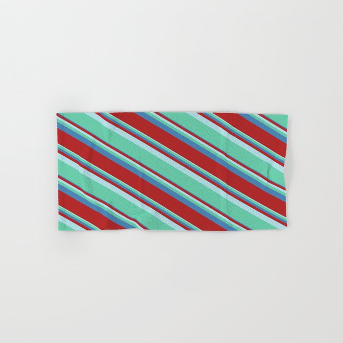 Powder Blue, Aquamarine, Blue, and Red Colored Lined/Striped Pattern Hand & Bath Towel