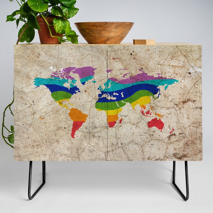 Rainbow color painted world map on dirty old grunge cement wall Credenza