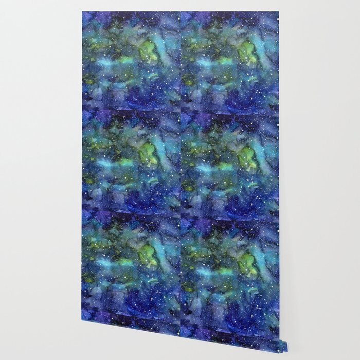 Space Galaxy Blue Green Watercolor Nebula Painting Wallpaper By