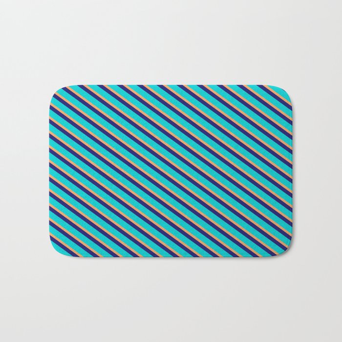Dark Turquoise, Brown & Midnight Blue Colored Stripes/Lines Pattern Bath Mat