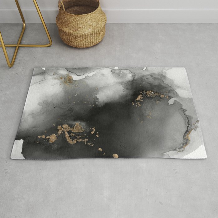 Black and Gold Abstract Watercolor Painting Monochrome Nebula Rug