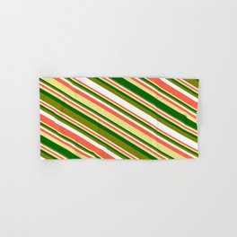 [ Thumbnail: Eyecatching Green, White, Red, Tan & Dark Green Colored Striped/Lined Pattern Hand & Bath Towel ]