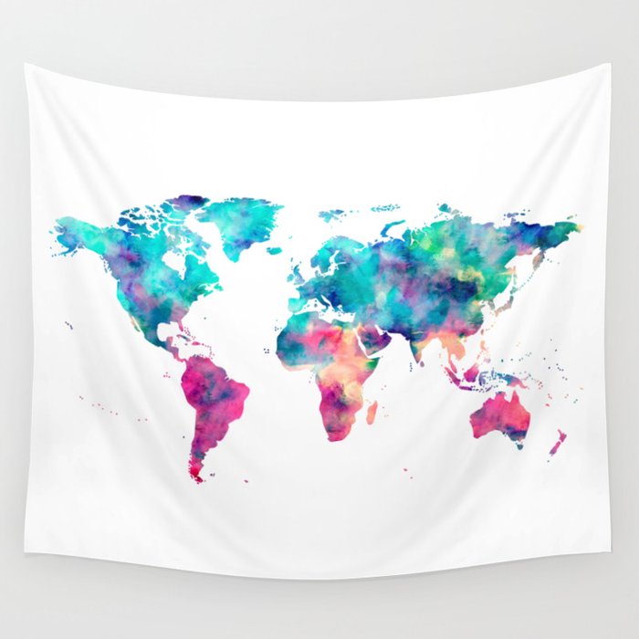 World Map Turquoise Pink Blue Green Wall Tapestry By