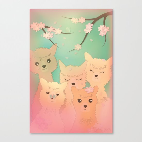 Alpaca Family II - Mint Green Spring Cherry Blossom Background Canvas Print