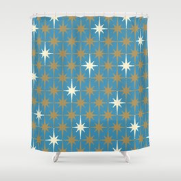 Atomic Age Retro Starburst Mid-century Modern Pattern in Burnished Gold, Cream, and 50s Blue Shower Curtain