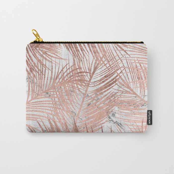 Tropical modern faux rose gold palm tree leaf white marble pattern Carry-All Pouch
