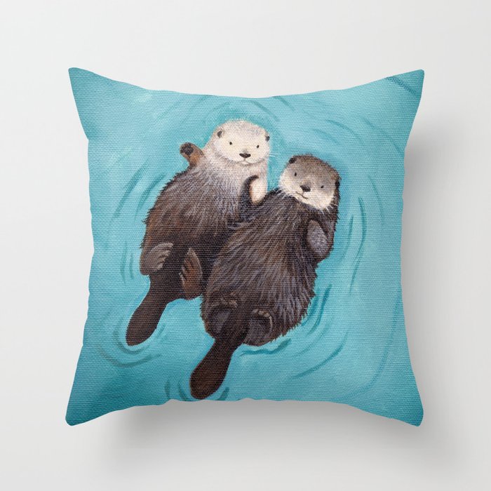 Otterly Romantic - Otters Holding Hands Throw Pillow
