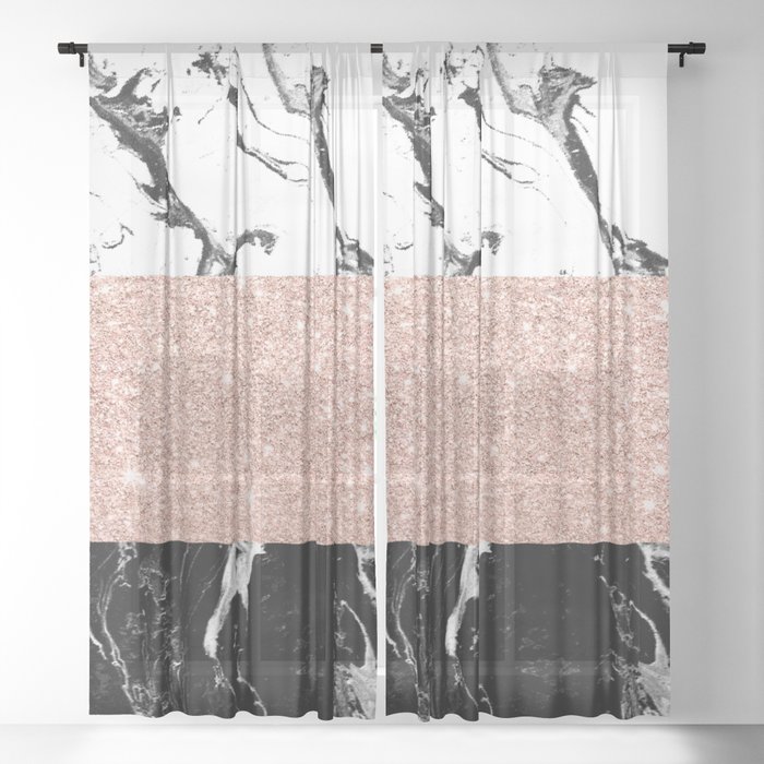 Modern Black White Marble Rose Gold Color Block Stripes Pattern Modern Black White Marble Rose Gold Color Block Stripes Pattern Sheer Curtain