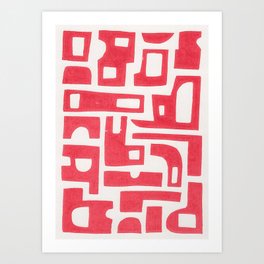 Red Abstract Shapes / Linocut Print Art Print