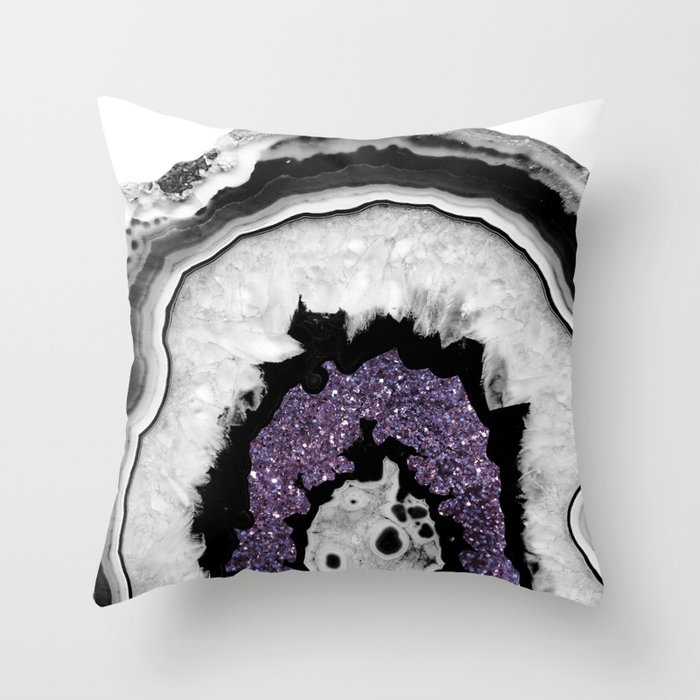 Gray Black White Agate with Ultra Violet Glitter #1 (Faux Glitter) #gem #decor #art #society6 Throw Pillow