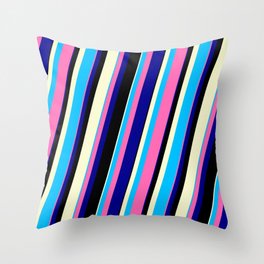 [ Thumbnail: Vibrant Deep Sky Blue, Hot Pink, Dark Blue, Black, and Light Yellow Colored Lines/Stripes Pattern Throw Pillow ]