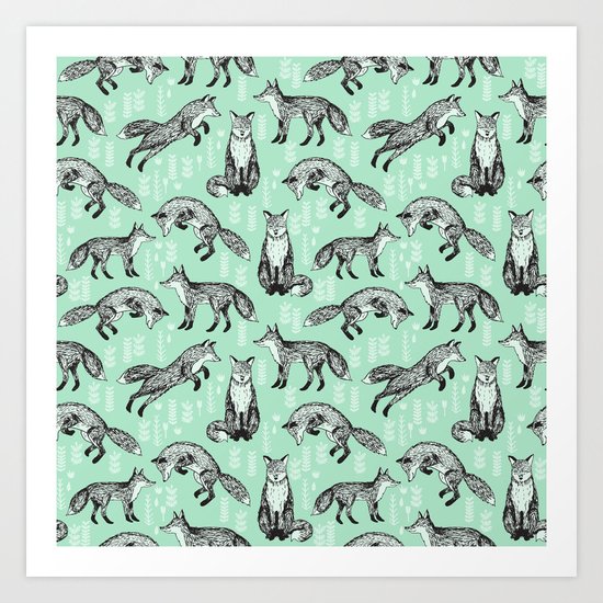 Fox Pattern Drawing Foxes Cute Andrea Lauren Mint Forest Animals Woodland Nursery Art Print By Andrealaurendesign Society6