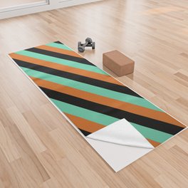 [ Thumbnail: Black, Aquamarine, and Chocolate Colored Pattern of Stripes Yoga Towel ]