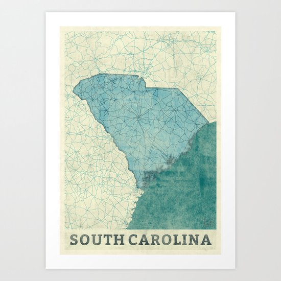 South Carolina State Map Blue Vintage Art Print